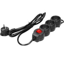 Pagarinātājs 3gang 2P+Z, ar slēdzi, 5m H05VV-F 3x1.5mm2, Imax=16A, plakana kontaktdakša, melns