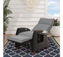Grand patio atpūtas krēsls ar sēdekļa spilvenu, dārza krēsls, regulējams atzveltnes balsts, rotangpalmas sauļošanās krēsls iekštelpām un ārpus telpām, pelēks sēdekļa spilvens un brūns rotangpalmas materiāls