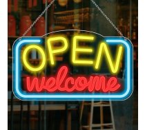 inShareplus Welcome LED Open Neon Sign, 43 x 23 cm atvērta zīme biznesam, spilgta neona zīme ar USB darbību, aptumšojama atvērta neona gaismas zīme bāriem, veikaliem, kafejnīcām, veikaliem, ballītēm, klubiem (dzeltena)