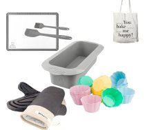 Backefix ballīšu komplekts Ideāls pamataprīkojums kūku vai smalkmaizīšu cepšanai - dāvanu komplekts (silikona maizes cepšanas forma, 24 x smalkmaizīšu veidnes, cepšanas paklājs un citi cepšanas piederumi)