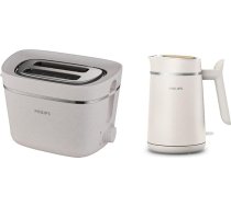 Philips tosteris Eco Conscious Edition - 2 grauzdēšanas slots, 8 līmeņi, bulciņu stiprinājums, satīna balta matēta (HD2640/10) & Philips tējkanna - Eco Conscious Edition, 1,7 l, satīna balta matēta (HD9365/10)