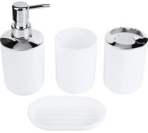 4 gab. vannas istabas piederumu komplekts, plastmasas zobu birstes turētājs, zobu birstes kauss, ziepju dozators, pudele, ziepju trauks, moderns vannas istabas piederumu komplekts, losjona pudele, (balta)