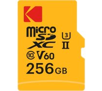 Kodak MicroSD 256GB UHS-II U3 V60 Ultra ātra datu pārraides ātrums 300MB/s nolasīšana 160MB/s ierakstīšana 4K/8K video ideāli piemērota satura veidotājiem Komplektā ietilpst SD adapteris