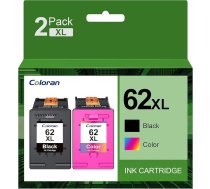 Coloran 62XL tintes kasetnes HP 62 XL melnās un trīskrāsu tintes kasetnes, kas ir saderīgas ar Envy 5540 5541 5542 5543 5544 5545 5546 5547 5548 5640 5642 5644 7640 OfficeJet 200 2544 0 0 574 0 5742 5744 (2 gab.)