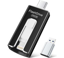 USB zibatmiņas karte 256 GB iPhone, MFi sertificēta USB-C un Lightning zibatmiņas karte, 3-in-1 atmiņas karte iPhone/iPad/Android/PC, USB 3.0 foto zibatmiņas karte, ātra foto un video pārsūtīšana, melna