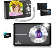 Digitālā fotokamera Compact Photo Camera 44MP kompaktā digitālā fotokamera ar 1080P HD video, 32GB TF karte, 2,4 collu IPS ekrāns, divas baterijas, 20 filtri, pretdrebēšanas funkcija bērniem, pusaudžiem, iesācējiem, melna