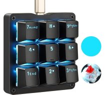 Koolertron One-Handed Mechanical Macro Keyboard, LED fona apgaismojums, portatīva mini vienroku mehāniskā spēļu tastatūra OSU! ar 9 pilnībā programmējamiem taustiņiem (melna/zila ar aizmugurējo apgaismojumu/sarkani slēdži)