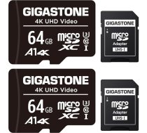 Gigastone 64 GB atmiņas karte 2 Pack saderīga ar Gopro dronu kameru planšetdatoru Samsung Sony ātrgaitas 4K UHD video A1 U3 C10 Micro SDXC karte ar mini somiņu un SD adapteri