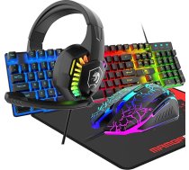 4 in 1 vadu spēļu tastatūra ar 104 taustiņiem 3D Stereo spēļu austiņas Combo ar Multi-RGB apgaismojumu Ergonomisks regulējams mikrofons 2400DPI Liels peles paliktnis Ūdensizturīgs