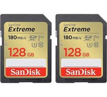 SanDisk Extreme SDXC UHS-I 128 GB atmiņas karte (V30, 180 MB/s datu pārraide, U3, 4K UHD video, SanDisk QuickFlow tehnoloģija, ūdensizturīga, triecienizturīga, izturīga pret temperatūras izmaiņām) (2 iepakojumā)