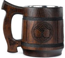 TESLYAR Viking krūze 0,6 l – koka alus krūze ar dzīvības koka gravējumu – alus dāvana, vikingu kauss, viduslaiku krūze, alus krūzes, dāvana alus mīļotājiem, Tēva dienas dāvana (koks, brūna)