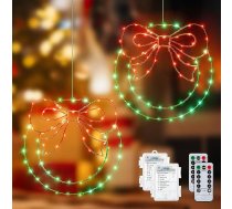 Ollny bateriju darbināms Ziemassvētku vainags logu dekorēšanai, 160 LED Ziemassvētku rotājumi ar 1 m kabeli, 8 režīmi un taimeris logu apgaismošanai, karājamie Ziemassvētku rotājumi, 2 gab. komplekts (sarkans un zaļš)