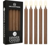 DECO EXPRESS koniskās sveces, 15 gab. roku darba rustikālas sveces bez smaržas, ilgs degšanas laiks līdz 9 stundām, pilēšanas brīvas galda sveces (brūnas, 15 gab. iepakojumā)
