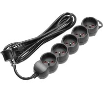 Pagarinātājs 5gang 2P+Z, 3m H05VV-F 3x1.5mm2, Imax=16A, plakana kontaktdakša, melns