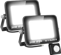 SKYWORLD 2 x LED prožektors ar kustības sensoru, 20 W āra prožektors, auksti balts, īpaši spilgts, LED prožektors, IP66 ūdensizturīgs, prožektors ar kustības sensoru dārzam, terasei