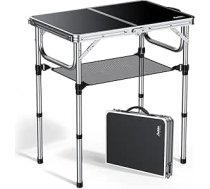 Anbte Kempinga galds Saliekams 58 x 40 cm alumīnija sudraba rāmja piknika galds 3 augstumi Regulējams 26/48/67 cm MDF galda virsma ar uzglabāšanas tīklu Saliekamais galds kempingam pludmalē Balkons (melns)