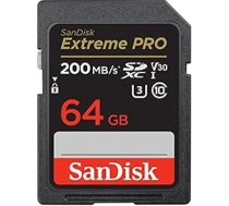 SanDisk Extreme PRO SDXC UHS-I 64 GB atmiņas karte (V30, 200 MB/s datu pārraides ātrums, U3, 4K UHD video, SanDisk QuickFlow tehnoloģija, temperatūras izturība).