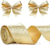 Zelta Ziemassvētku lenta 6 cm plata zelta spīduma Ziemassvētku lente vadu spīdīgas auduma lentes lokiem dāvanu iesaiņošanai Ziemassvētku vainags (zelta)