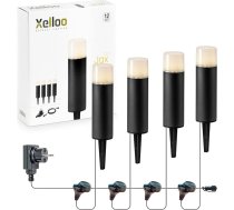 Xelloo JAX dārza lampu komplekts, 12 V, 4 gabali, alumīnija/ PVC dizaina piederumi, 1 W LED, silti balta, ar zemējuma smaili, ūdensizturīgs (IP44) un praktisku bīdāmu savienojumu, melns
