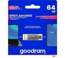 Goodram 64GB zibatmiņas diskdziņš dual USB 3.2 + USB-C OTG ODA3 sudraba krāsā
