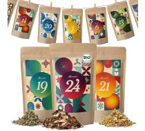 BonaTea tējas adventes kalendārs 2025 Organic - 24 unikālas BonaTea birstošas bioloģiskās zāļu tējas, kas paredzētas pakāršanai, ar pavadiņu, klipšiem un bukletu, 24 x 10 g