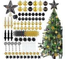 Sinmoe Pack of 104 Black Gold Ziemassvētku eglīšu rotājumi 3-6 cm Ziemassvētku Baubles Piecu punktu sniegpārslas Saldumi Leduspuķes Ziemassvētku ziedi Konusa formas Tree Topper apdare Zvaigzne Pearl Kaklarota