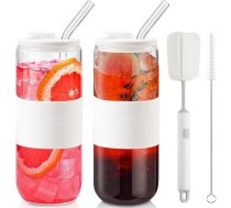 Glāzes ar silikona vāciņu un stikla salmiņu, 24 oz, skārdenes formas stikla krūzes ar vāciņiem un salmiņiem, silikona uzmavas, alus glāzes, ledus kafijas krūzes, limonāde, dāvana, 2 tīrīšanas birstes, baltas krāsas