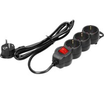 3 kontaktu pagarinātājs 2P+Z (Schuko) , ar slēdzi, 3m H05VV-F 3x1,5mm2, Imax=16A, plakana kontaktdakša, melns