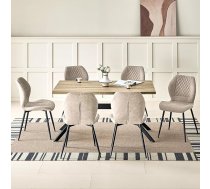Dining Set with Light Wood Dining Table and 6 Brown Chairs, Rectangular Dining Table in 140 x 80 x 76 cm with 6 Ergonomic Design Linen Dining Room Chairs for Dining Room, Kitchen, Living Room
