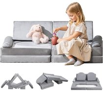 VEVOR Play Sofa Children's Soda Modular (10 Pieces) Convertible Children's Couch for DIY Play Couch for Bedroom Living Room Children's Chair Made of 28D Sponge & Short Pile, Grey Children's Play Couch