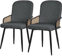 ML-Design Dining Room Chairs, Set of 2, Anthracite, Fabric Cover, Kitchen Chairs with Rattan Look Armrests, Padded Chairs with Metal Legs, Ergonomic Upholstered Chairs, Accent Chairs for Dining Room
