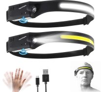 LED uzlādējams galvas lukturis, galvas lukturis ar plašu staru, uzlādējams galvas lukturis, piedzīvojumu lukturis, 230 grādi, USB C, 400 lūmeni, 5 režīmi, kustības sensors, ūdensizturīgs, makšķerēšanai (2, melns-2)