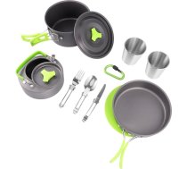 Toyvian 1 komplekts 12 gab. kempinga katlu komplekts Saliekamais rīks Piederumi Ēdiena gatavošanas komplekti Trauki Āra kempings Vārīšanas katls Pārnēsājami katli Rokturis Pannas Kempinga virtuves aprīkojums Cietā zaļā krāsa
