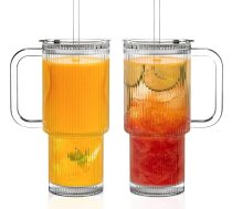 2 gab. 768 ml stikla trauki ar rievotām ribām un necaurlaidīgiem vāciņiem un salmiņiem - nesatur svinu, augstas kvalitātes stikla komplekts ledus kafijai, kokteiļiem un sulai, piemērots mazgāšanai trauku mazgājamā mašīnā, ideāli piemērot