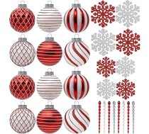 SLEETLY 28pk sarkanbaltsarkani balti Ziemassvētku rotājumi eglīšu rotājumiem - svētku Ziemassvētku plastmasas bumbiņu ornamentu, čiekuru un sniegpārslu komplekts