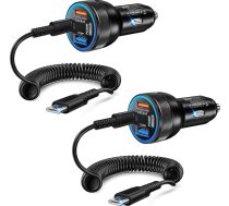 Cigarešu aizdedzinātāja USB C - 2-Pack 65W auto lādētājs, 4-Port PD&QC3.0 auto lādētājs 12V USB adapteris ar 1,2M ātrgaitas spirālveida C tipa kabeli, ātrs lādētājs iPhone 17 16 15 Pro Max Samsung S25/24