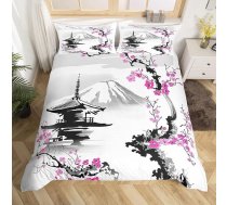 Homemissing Japāņu gultas veļas komplekts 135 x 200 cm Fuji Mountain sega sega sega rozā ķiršu ziedēšanas pagoda gultas veļas komplekts meitenēm eksotiska akvareļu sakuras ziedi Hokusai dekors sega sega vāka komplekts