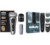 Braun Series 9 Pro+ vīriešu skuveklis, tīrīšanas stacija, skuvekļa uzlādes futrālis, PowerCase, 60 minūšu darbības laiks, ražots Vācijā + Gillette intīmā trimeris vīriešiem intīmajām zonām, ūdensizturīgs