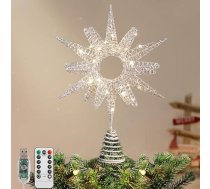 Lewondr Ziemassvētku eglītes virsotne, 14,17 collu metāla Ziemassvētku eglītes virsotnes zvaigzne ar 30 LED gaismiņām, USB un tālvadības pulti, mirdzoša saulespuķu eglītes virsotne, 6 stundu taimeris, 8 apgaismojuma režīmi, Ziemassvētku rot