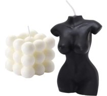 2 gab. iepakojums ar „Bubble Candle“ – kubveida sojas vaska sveces, sievietes ķermeņa formas sveces, ar rokām ielietās aromātiskās sveces, jaukas vaska sveces, mājas dekoram un dāvanai (balta, melna)