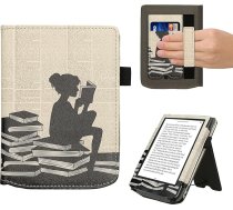 kwmobile Flip Cover saderīgs ar Pocketbook Verse/Verse Pro/Verse Color/Vivlio Light/Light HD - Futrālis ar rokas siksniņu, lasāmviela, melns, bēšs