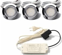 Jauns Lina IP44 LED iebūvēts mēbeļu prožektors 12 V plakans 2,4 W mēbeļu prožektors 200 lm spīdīgs hroms ar LED transformatoru 230 V kabelis ar tīkla kontaktdakšu un AMP sadalītāju 3000 K silti balta caurums