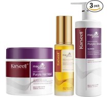 Karseell MACA CARE SYSTEM 1 violeta matu maska 500 ml + 1 violeta šampūns 500 ml + 1 argana eļļas serums 50 ml Anti Yellow Tone komplekts blondiem, platīna krāsā balinātiem, pelēkiem matiem pret sprogšanu