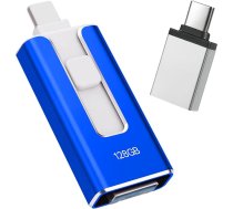 USB zibatmiņas zibatmiņas karte iPhone 128GB, [MFi Certified] 4-in-1 USB zibatmiņas karte iPhone, saderīga ar iOS/Android/PC, USB 3.0, bez lietotnes】Fotoattēlu un video dublēšanai, zila