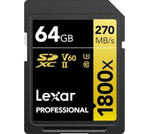 Lexar SDXC Professional 64GB 1800x UHS-II Zelta sērijas 10. klases U3 V60 4K video ierakstīšanai melns