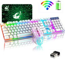 Rainbow Backlit bezvadu tastatūra 2.4G uzlādējama mehāniskā sajūta 104 taustiņi spēļu tastatūra + 2400DPI 6 taustiņi optiskā Rainbow LED spēļu pele + peles paliktņi