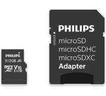 Philips Ultra Speed microSDXC karte 512 GB + SD adapteris UHS-I U1, nolasīšanas ātrums līdz 80 MB/s, A1 ātrdarbība, V10, atmiņas karte viedtālruņiem, planšetdatoriem, datoriem, karšu lasītājs, Full HD video