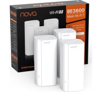 Tenda Nova ME3 Pro Wi-Fi 7 Mesh sistēma (BE3600 Dual-Band 2882Mbps 5GHz, 688Mbps 2.4GHz), 3X Gigabit porti uz ierīci, VPN, NFC, 4K-QAM, WPA3, ieteicams mājokļiem ar 3-4 guļamistabām, 3 gab. komplektā