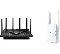 TP-Link Archer AX73 Wi-Fi 6 gigabitu WLAN maršrutētājs (4804 Mbit/s 5 GHz, 574 Mbit/s 2,4 GHz) melns & RE605X divjoslu gigabitu WLAN retranslators (1200 Mbit/s 5 GHz un 574 Mbit/s 2,4 GHz) balts Wi-Fi 6