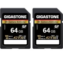 GIGASTONE 2x A2 V30 64GB SDXC atmiņas karte 4K Extreme Camera 160MB/s Canon Nikon Sony Panasonic U3 UHS-I C10 4K UHD Video + 2 mini futrāļi